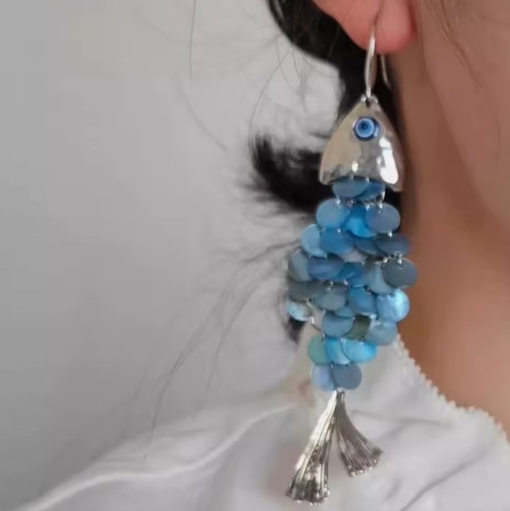 Silver & Blue Sequin Fish Scale Statement Dangle … - image 1